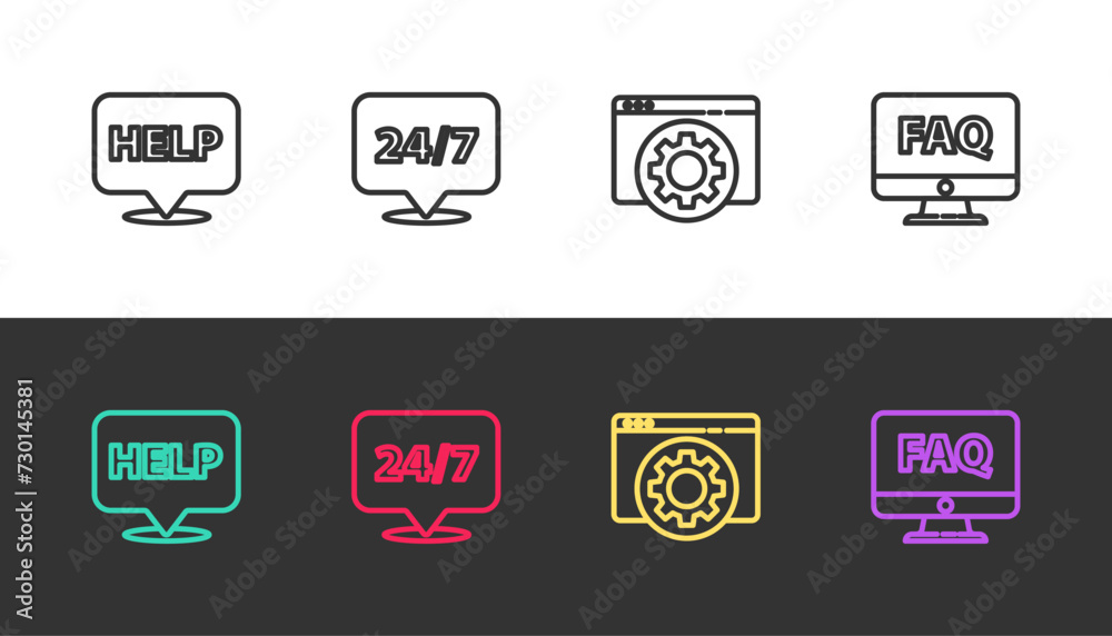 Set line Speech bubble with text Help, Clock 24 hours, Browser setting and Computer monitor and FAQ on black and white. Vector Set line Speech bubble with text Help, Clock 24 hours, Browser setting and Computer monitor and FAQ on black and white. Vector