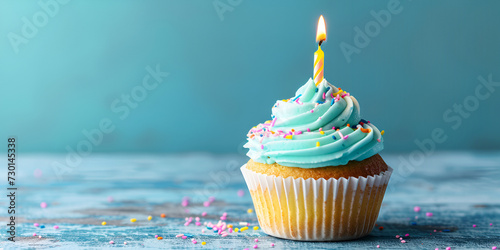 Birthday Cupcake with birthday candle with copy space
