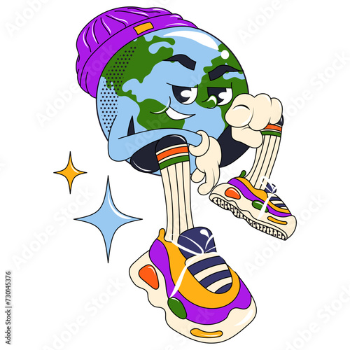 Stickers in trendy retro style. Earth Day concept. World Environment Day. Walking happy cute Earth planet character mascot with flowers. Vector illustration
