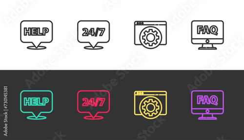 Set line Speech bubble with text Help, Clock 24 hours, Browser setting and Computer monitor and FAQ on black and white. Vector