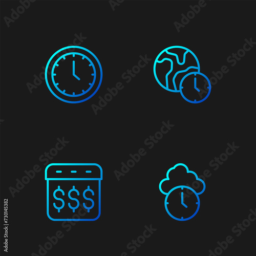 Set line Clock, Payday, calendar with dollar, and World time. Gradient color icons. Vector