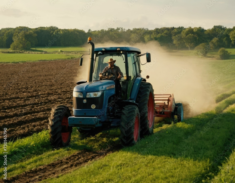 Fototapeta premium A farmer drives a tractor across a field. Tilling the soil before spring planting.