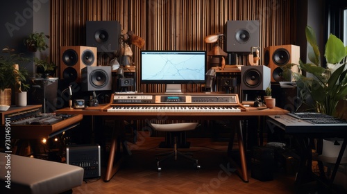 Cozy home music studio setup: wooden desk, monitor speakers, midi keyboards, and interfaces for creativity