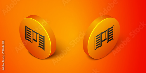 Isometric Wooden Swedish wall icon isolated on orange background. Swedish stairs. Orange circle button. Vector