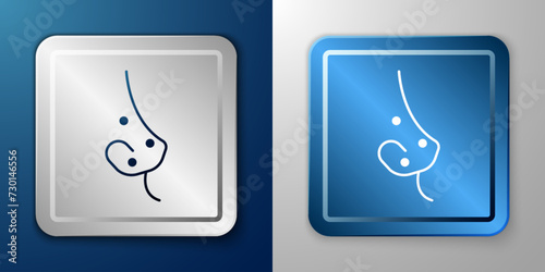 White Acne icon isolated on blue and grey background. Inflamed pimple on the skin. The sebum in the clogged pore promotes the growth of a bacteria. Silver and blue square button. Vector