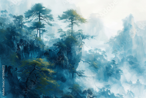 Chinese landscape painting, jade material, blue, green and white color.