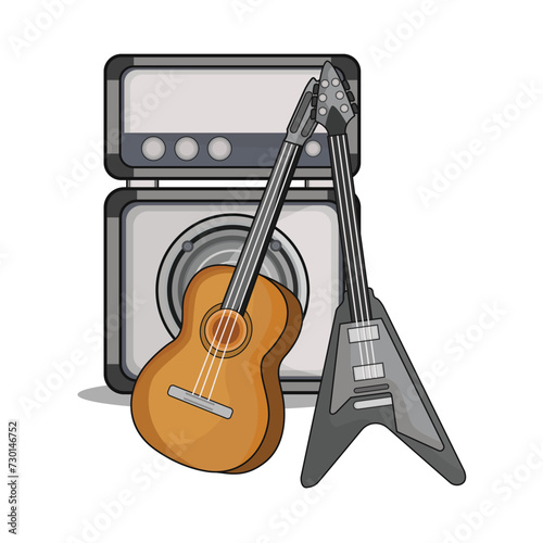 acoustic guitar, electric guitar with audio speaker illustration