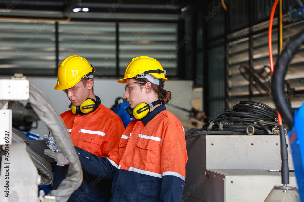 Male Caucasian Technicians at Industrial Machinery Male Caucasian Technicians at Industrial Machinery