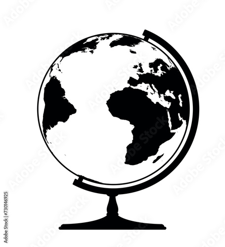 Earth globe spherical model - world map with continents on planet Earth, black and white vector illustration