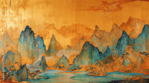 The Song Dynasty style Chinese ink painting depicts a thousand miles of rivers and mountains. photo