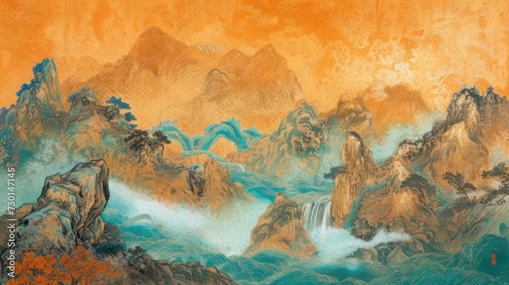 Naklejka premium The Song Dynasty style Chinese ink painting depicts a thousand miles of rivers and mountains.
