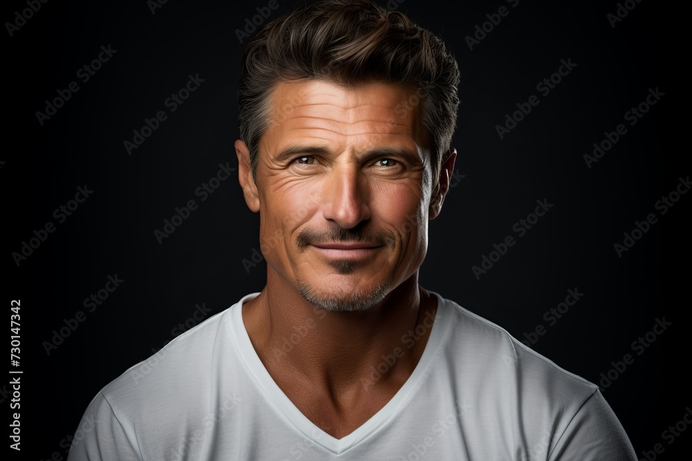 Portrait of a handsome man in white t-shirt over black background.