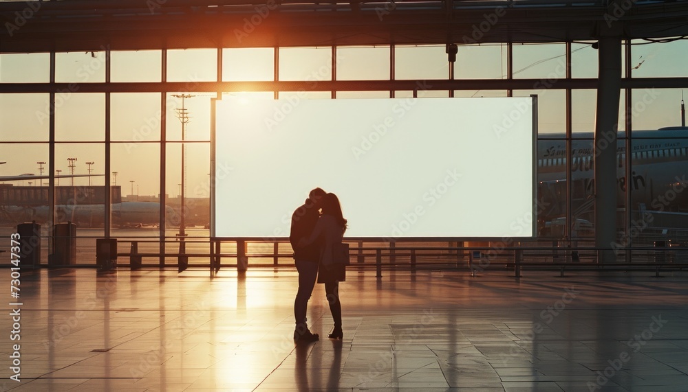 A white blank billboard with a beautiful couple embracing in front of it A white blank billboard with a beautiful couple embracing in front of it