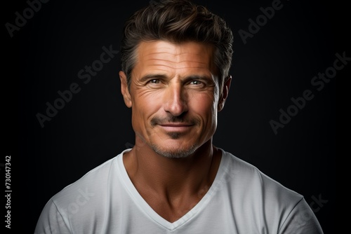 Portrait of a handsome man in white t-shirt over black background. © Iigo