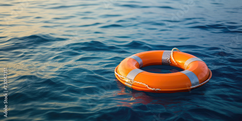 Lifebuoy orange floating on tranquil sea water. Solitude at Sea, copy space, simple background. 