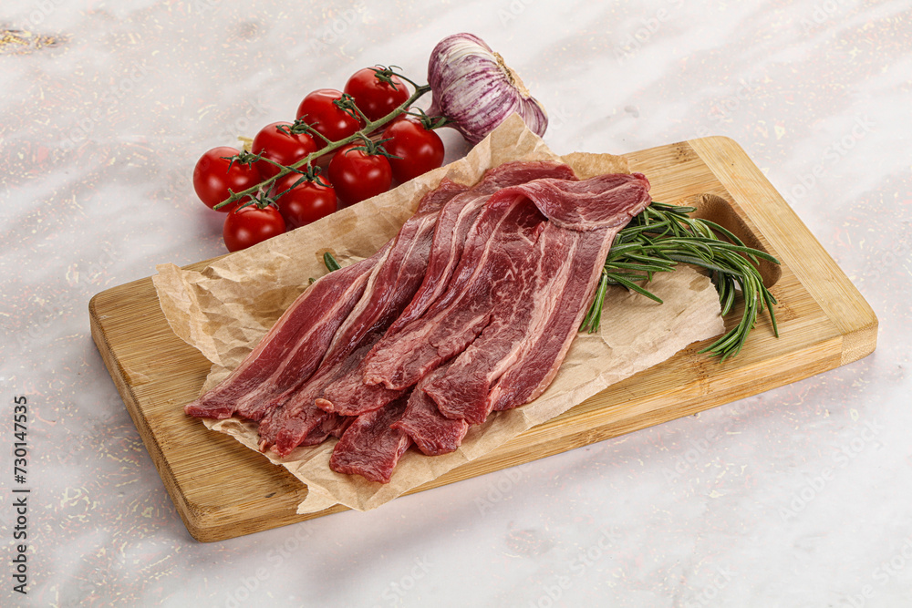 Raw beef bacon for cooking