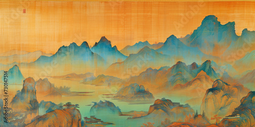 The Song Dynasty style Chinese ink painting depicts a thousand miles of rivers and mountains.