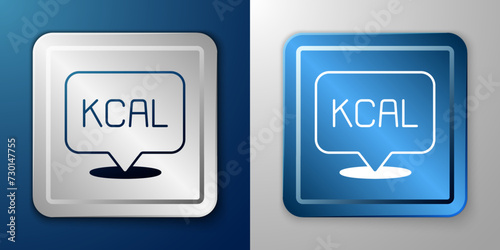 White Kcal icon isolated on isolated on blue and grey background. Health food. Silver and blue square button. Vector