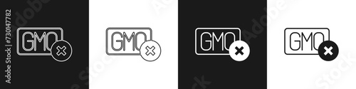 Set No GMO icon isolated on black and white background. Genetically modified organism acronym. Dna food modification. Vector
