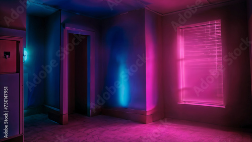 A surreal room with a blue and purple color scheme