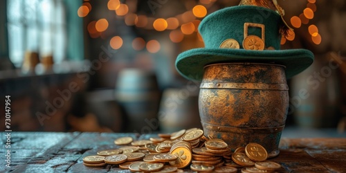 A celebration of wealth with gold coins and a green hat on a wooden table in a pub setting. photo