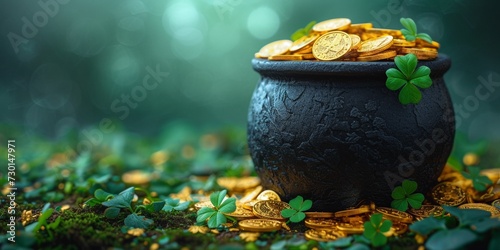 A forest floor covered in clover and shamrock, with a pot of golden coins symbolizing wealth and luck on St. Patrick's Day. photo