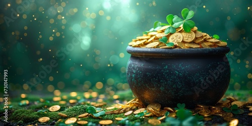 In a magical forest, a pot of gold coins surrounded by shamrocks symbolizes financial growth and fantasy wealth.