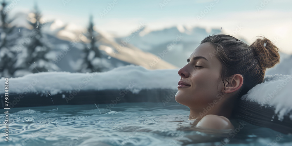 Woman relaxing in a hot outdoor tub with alpine winter snow mountains view. Serenity in the Snow-Capped Mountains, copy space. 