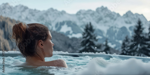 Woman relaxing in a hot outdoor tub with alpine winter snow mountains view. Serenity in the Snow-Capped Mountains  copy space. 