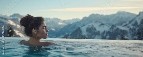 Woman relaxing in a hot outdoor tub with alpine winter snow mountains view. Serenity in the Snow-Capped Mountains, copy space. 