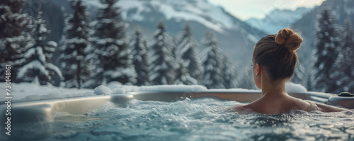 Woman relaxing in a hot outdoor tub with alpine winter snow mountains view. Serenity in the Snow-Capped Mountains  copy space. 