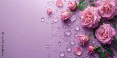 Pink Arrangement of beautiful roses. Flower roses frame on pink pastel background with water drops. Mother's Day, Valentine's Day, Birthday Greeting card.