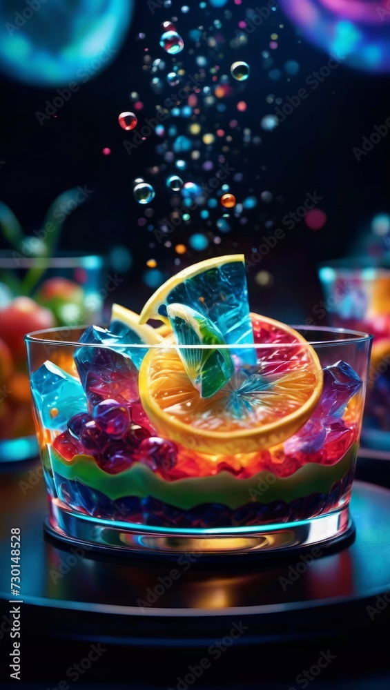 A glass filled with colorful liquid, ice cubes, and a slice of orange.