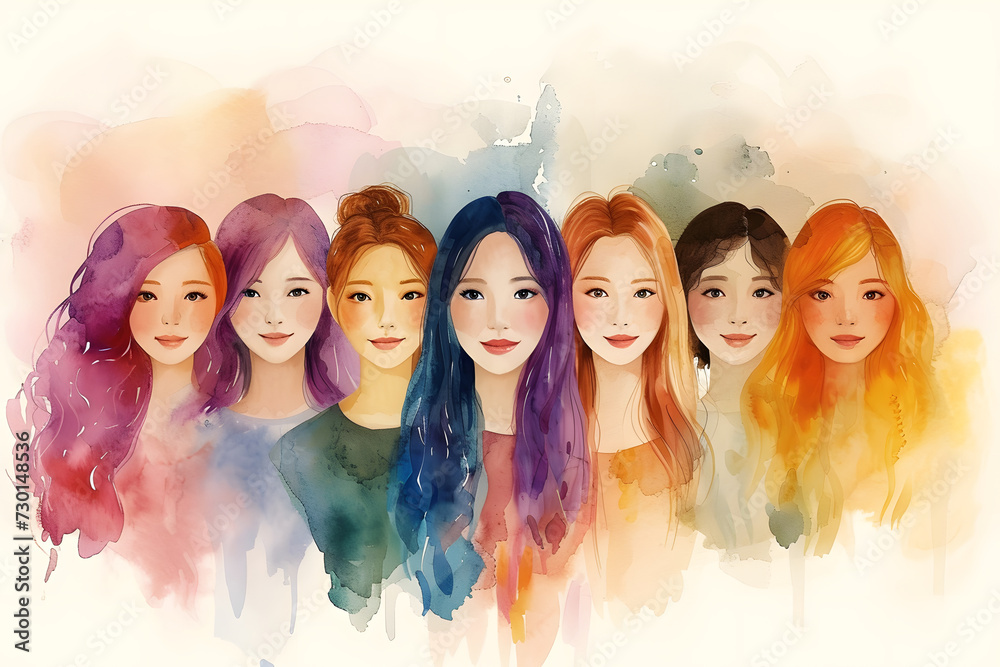 Happy women's group for International Women’s Day, watercolor style, group of woman's, Generative AI