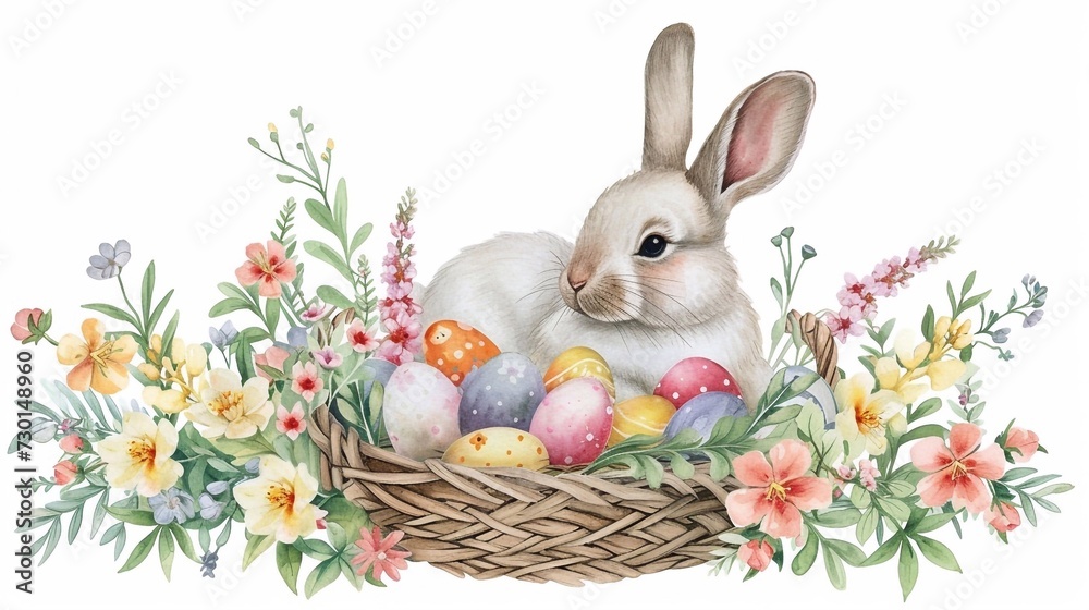 bunny with a basket of Easter eggs surrounded by flowers bunny with a basket of Easter eggs surrounded by flowers