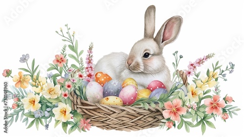  bunny with a basket of Easter eggs surrounded by flowers © Zarina