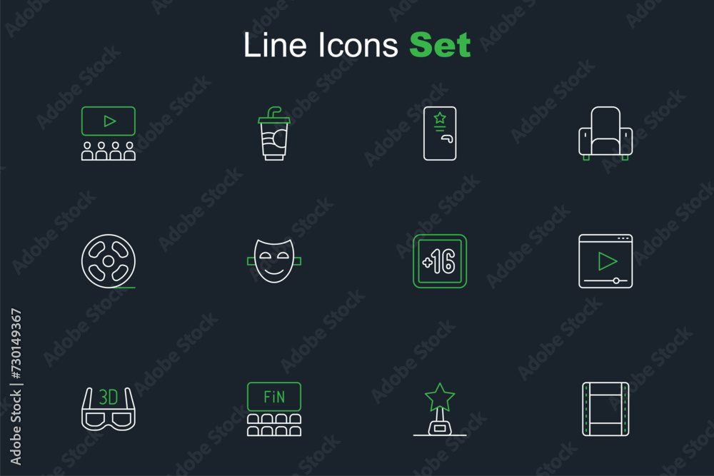 Set line Play video, Movie trophy, Cinema auditorium with screen, 3D cinema glasses, Online play, Plus 16 movie, Comedy theatrical mask and Film reel icon. Vector Set line Play video, Movie trophy, Cinema auditorium with screen, 3D cinema glasses, Online play, Plus 16 movie, Comedy theatrical mask and Film reel icon. Vector