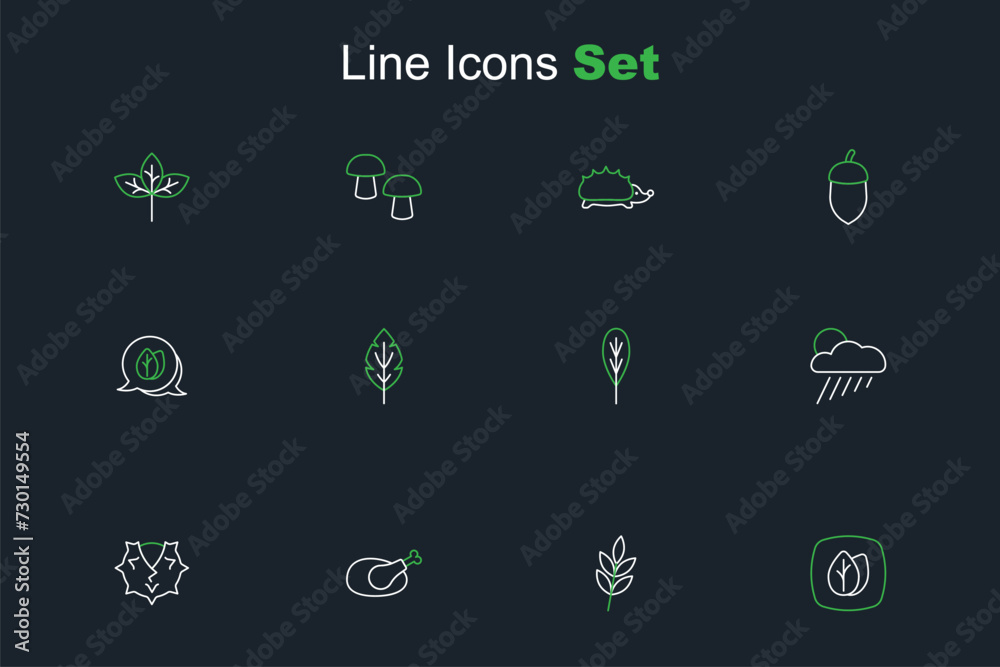 Set line Leaf, Roasted turkey or chicken, Chestnut, Cloud with rain and sun, and icon. Vector Set line Leaf, Roasted turkey or chicken, Chestnut, Cloud with rain and sun, and icon. Vector