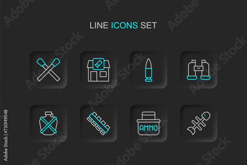 Set line Dead fish, Ammunition box, Hunting cartridge belt, Canteen water bottle, Binoculars, Bullet, shop and Burning match with fire icon. Vector