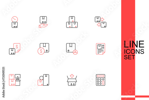 Set line Calculator, Carton cardboard box, Warehouse with boxes, Waybill, and icon. Vector