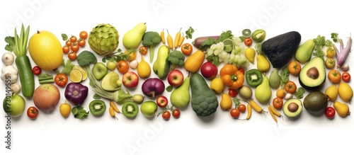 Fresh fruits and vegetables on a white background. Healthy food concept. © andri
