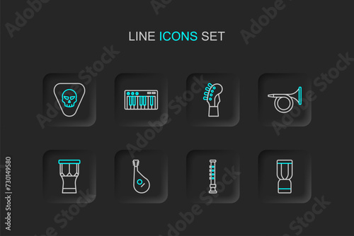 Set line African djembe drum, Flute, Bandura, percussion, Trumpet, Guitar neck, Music synthesizer and pick icon. Vector