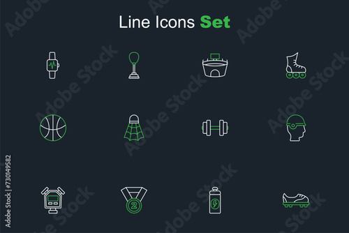 Set line Football shoes, Fitness shaker, Medal, Stopwatch, Baseball helmet, Dumbbell, Badminton shuttlecock and Basketball icon. Vector