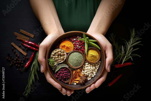 Hands holding a bowl with a fresh spices and herbs