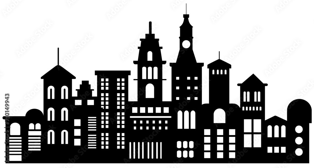 Landscape set of buildings silhouette on a white background