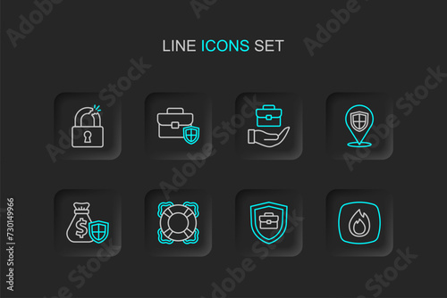 Set line Fire flame, Briefcase with shield, Lifebuoy, Money bag, Location, Hand holding briefcase, and Broken or cracked lock icon. Vector © Iryna