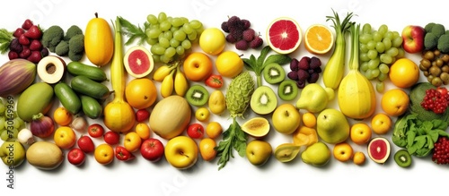Fresh fruits and vegetables on a white background. Healthy food concept.