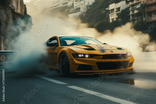 a racing car doing tricks on the road breathing fire and smoke in its tires