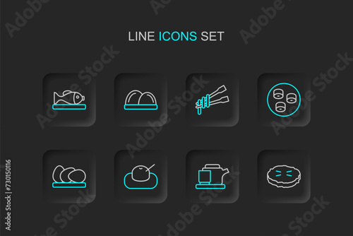 Set line Homemade pie, Traditional tea ceremony, Mochi, Chicken egg, Sushi, Food chopsticks with noodles, and Served fish plate icon. Vector