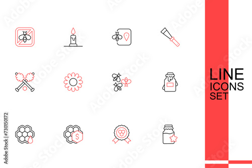Set line Jar of honey, Honey award, Sale honeycomb, Honeycomb, Bees, Flower and dipper stick icon. Vector